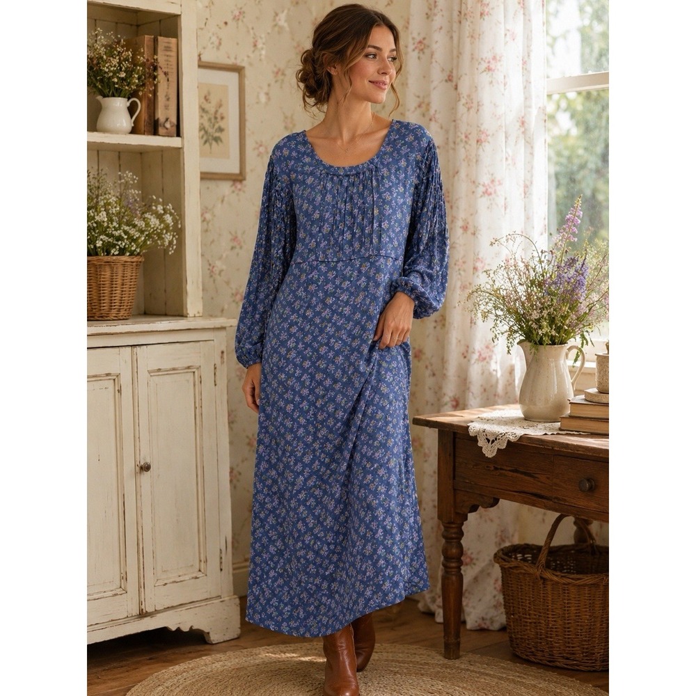 April Cornell Maxi Dress Womens L Blue Floral Cottagecore Smocked Sleeve Rayon
